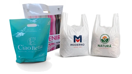 bolsas para el comercio de a camiseta y asa troquelada, totalmente personalizable en medidas e impresión, reciclables y ecológicas