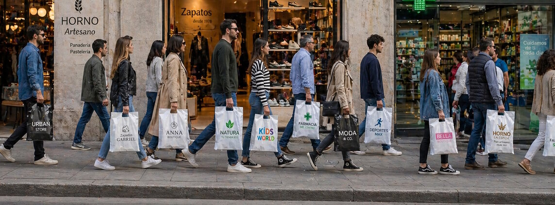 Foto de gente con bolsas troqueladas personalizadas